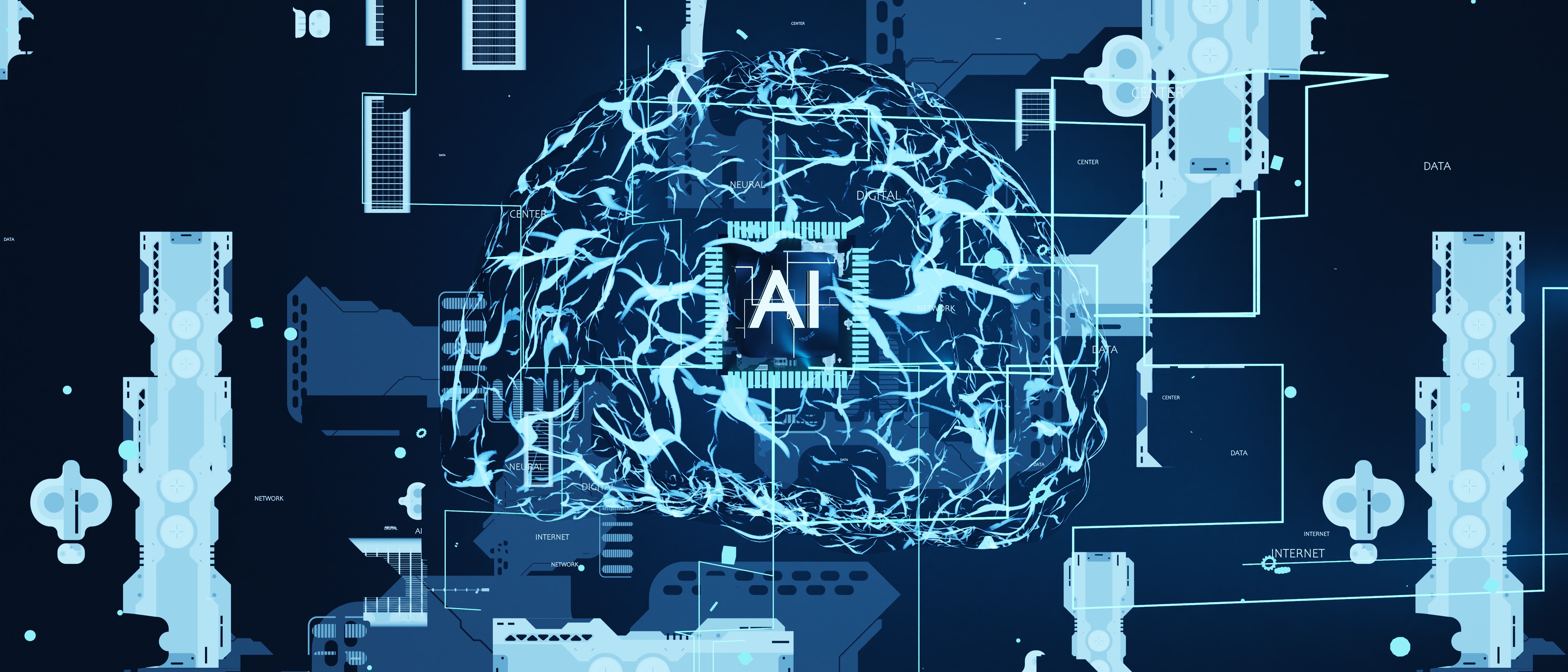 Digital illustration of a glowing, circuit-like brain with "AI" in the center